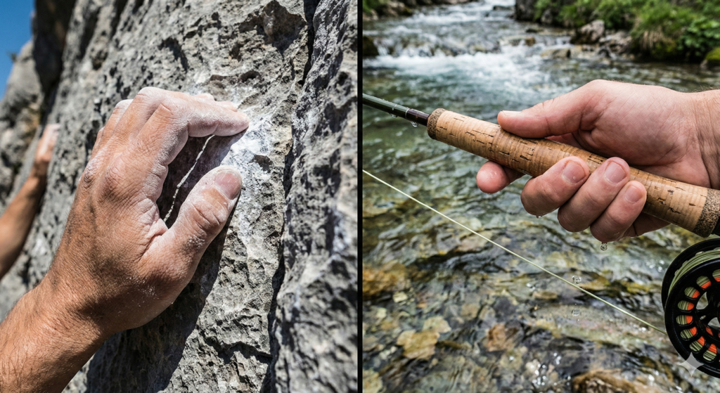 Adventure Consultants: From Spanish Peaks to Global Rivers Split image showing rock climbing in Spain and fly fishing in a mountain stream, representing the Adventure Consultants brand evolution.