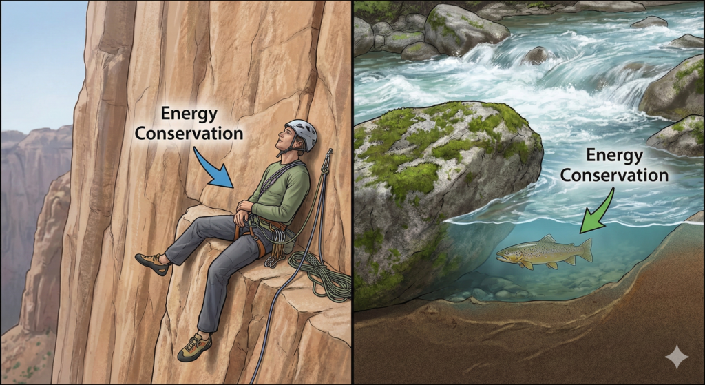 Comparing rock climbing rest stops to trout holding lies in a river.