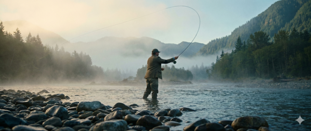 Adventure Consultants: From Spanish Peaks to Global Rivers Fly fisherman casting a line in a misty river at dawn, showcasing the new focus of Adventure Consultants.