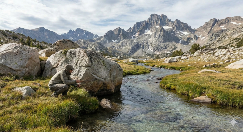 Angler using stealth techniques to approach spooky wild trout in clear water.