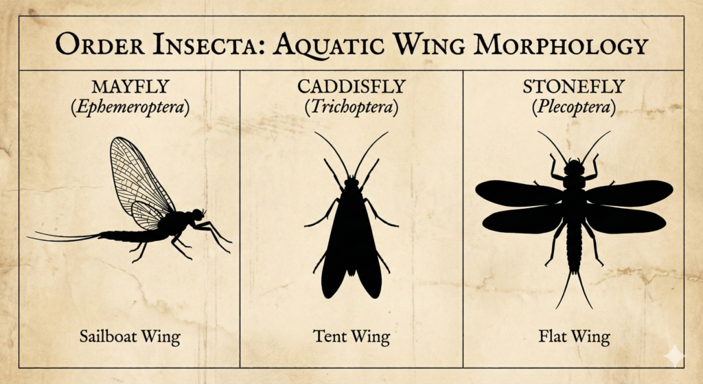 The three main types of alpine fly fishing flies: Mayfly, Caddis, Stonefly.